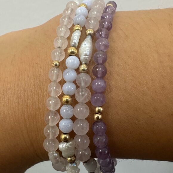 Vintage 14k Yellow Gold Pearl Rose Quartz Bead Ball Bracelet 7" - Picture 11 of 11